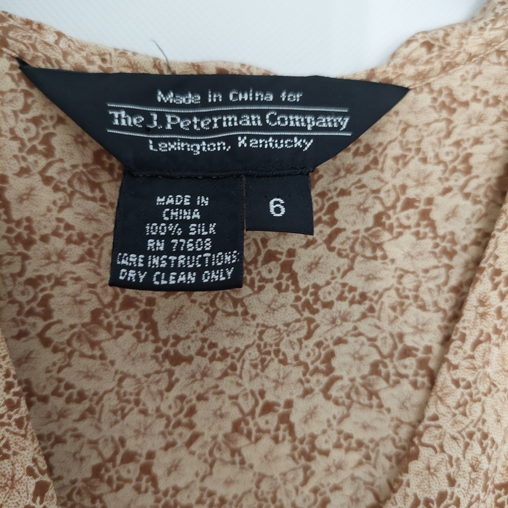 J. Peterman Silk Elaine Benes Style Tan Patterned Dress - Picture 2 of 4